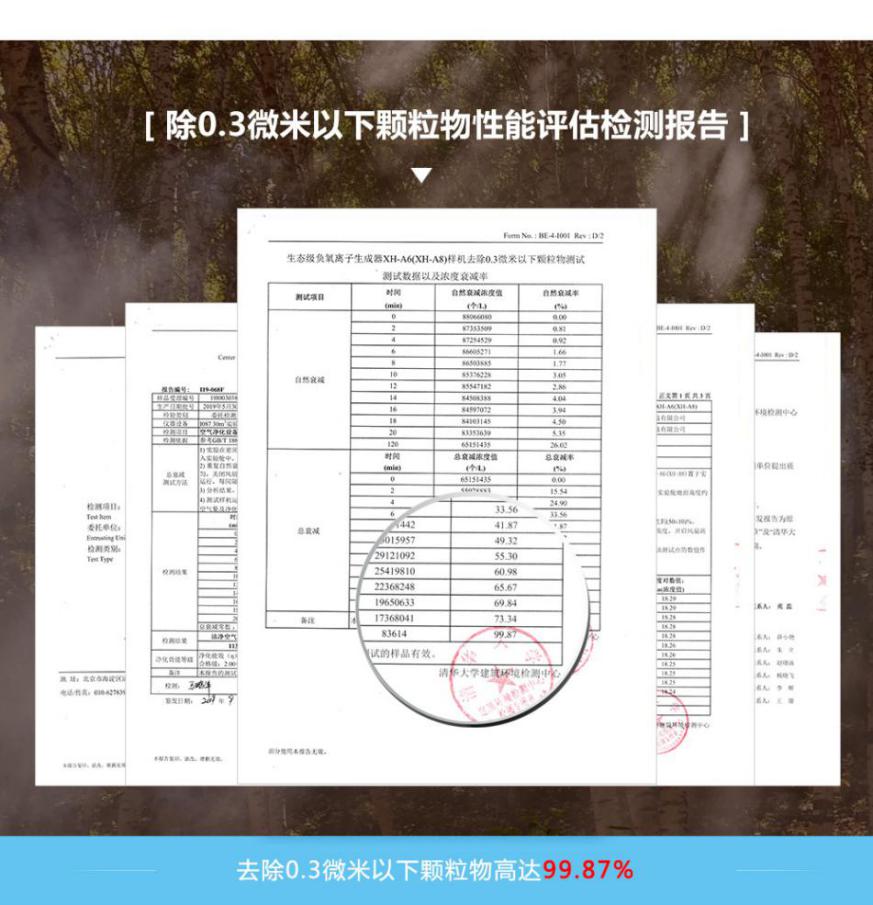 小粒径负离子阻断病毒传播途径和杀灭病毒的检测报告，其去除0.3微米颗粒，杀灭病毒效率高达99.87%